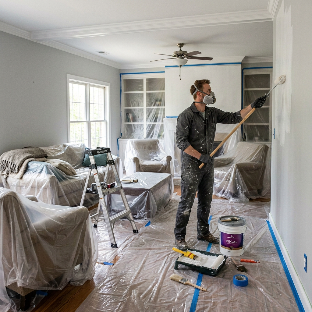 Painter rolling fresh paint onto a protected living room wall