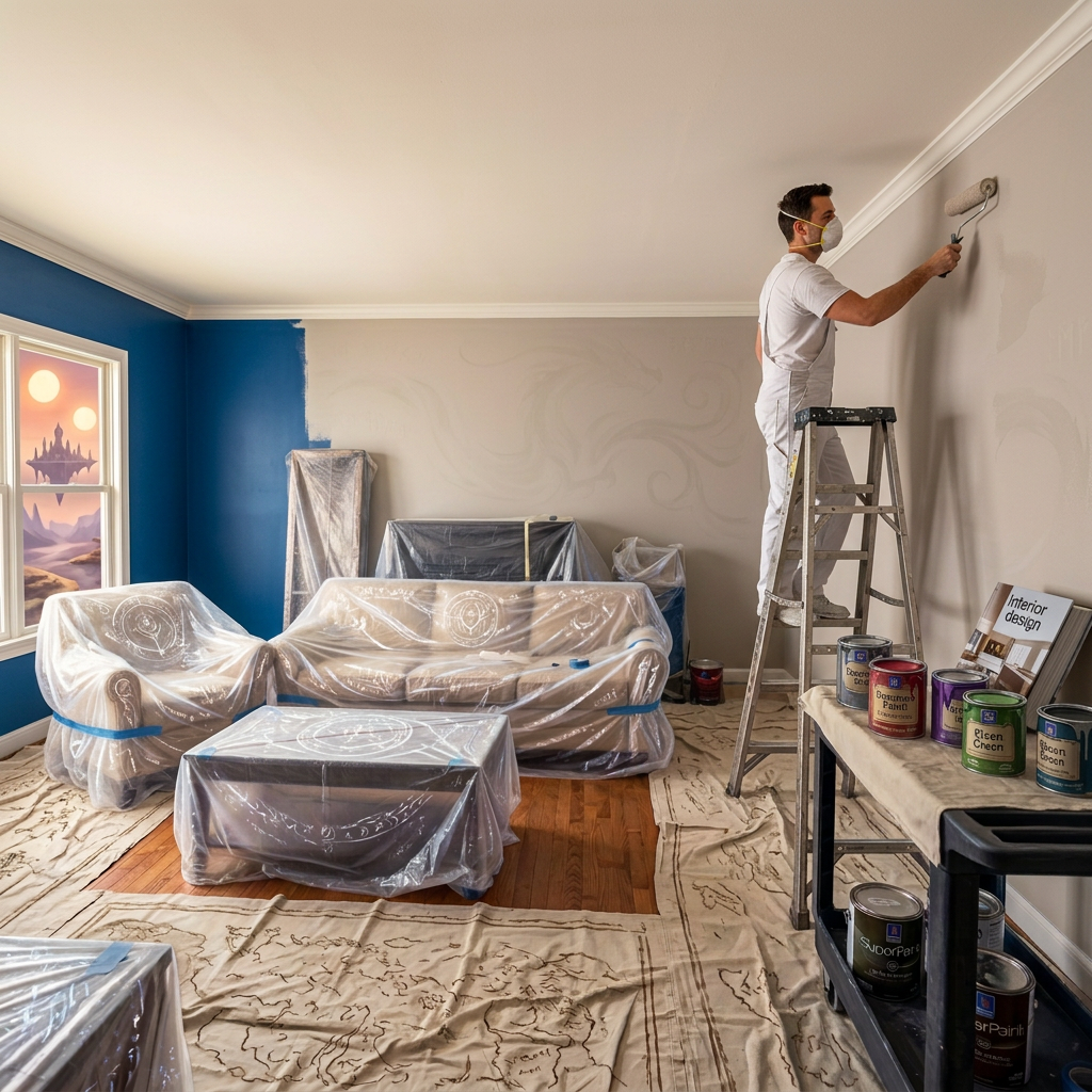Costumed artist painting glowing fantasy murals in a plastic-covered room