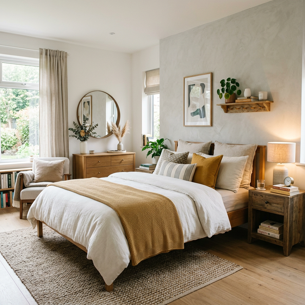 Bright bedroom with white bedding, wood furniture, plants, and a mustard throw